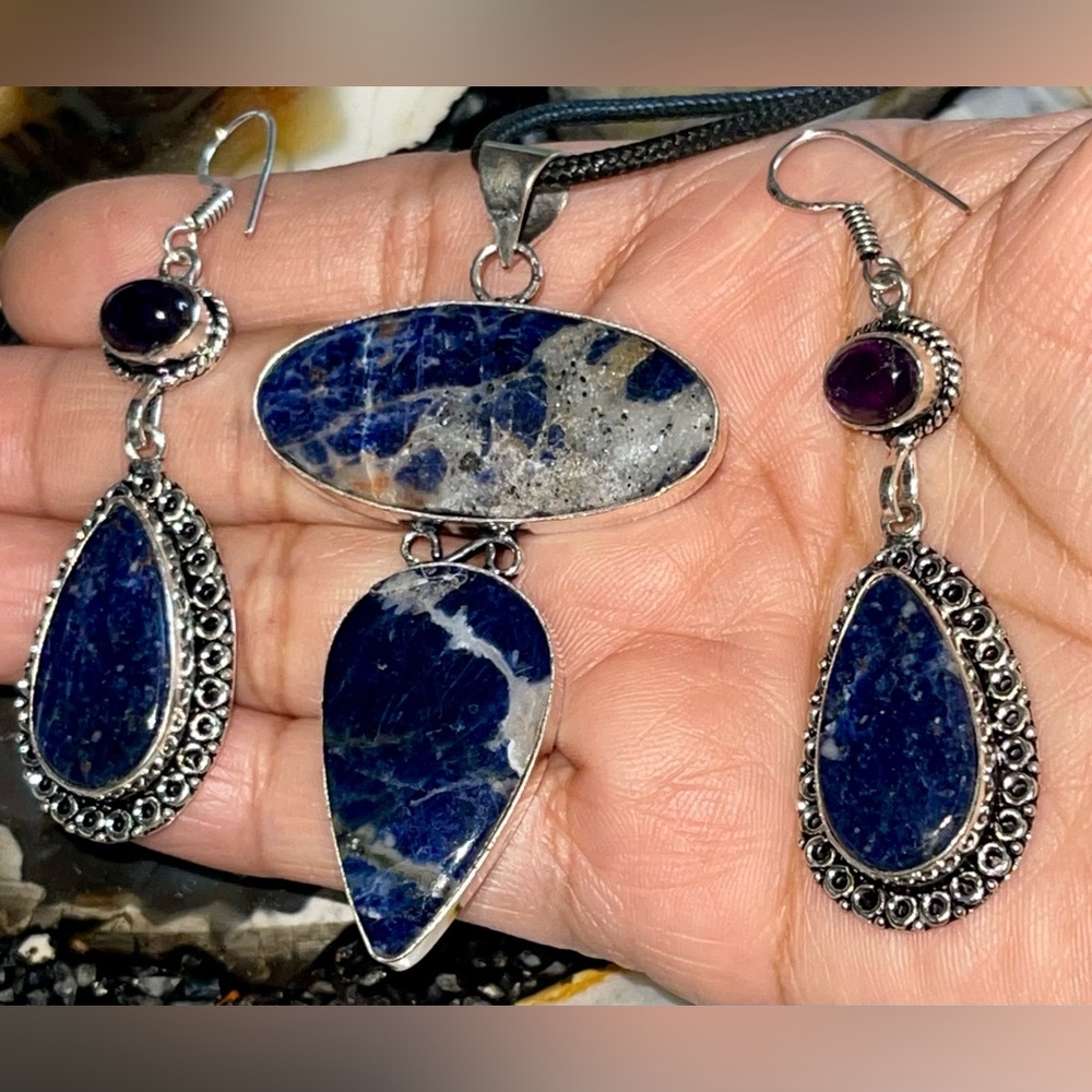 Large Navy Sodalite Crystal Pendant & Earrings Set